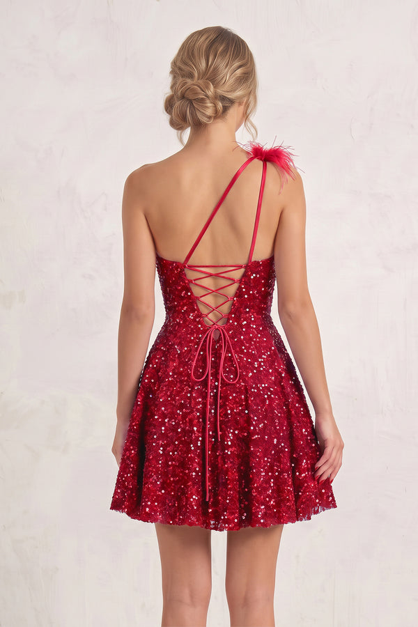 Red One Shoulder A Line Sequins Homecoming Dresses With Feathers (2) | KISSPROM