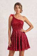 Red One Shoulder A Line Sequins Homecoming Dresses With Feathers | KISSPROM
