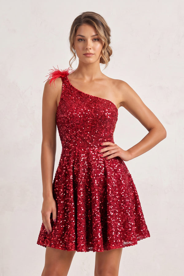 Red One Shoulder A Line Sequins Homecoming Dresses With Feathers | KISSPROM