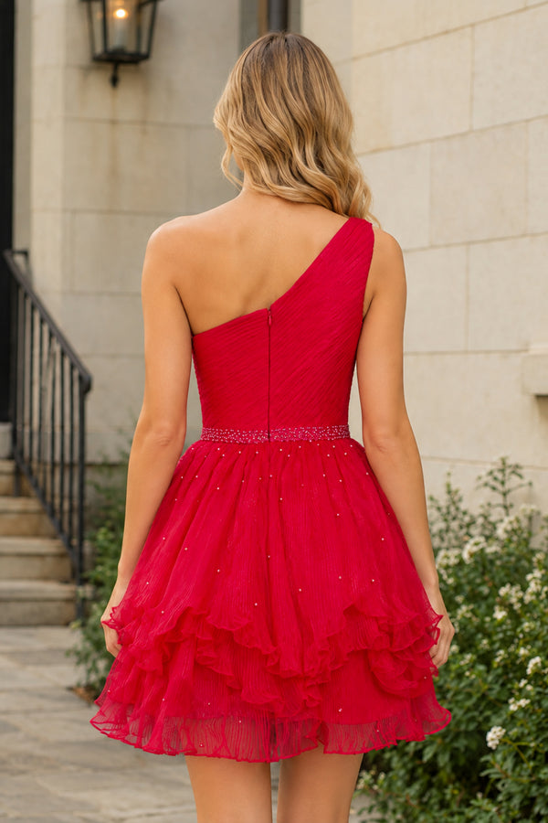 Red One-Shoulder Beaded Ruffle Homecoming Dress (2) | KISSPROM
