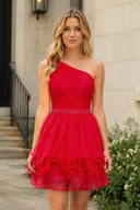 Red One-Shoulder Beaded Ruffle Homecoming Dress | KISSPROM