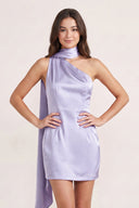 Lavender One-Shoulder Satin Sheath Homecoming Dress with Scarf | KISSPROM
