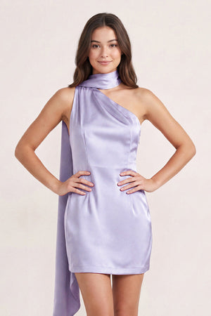 Lavender One-Shoulder Satin Sheath Homecoming Dress with Scarf | KISSPROM