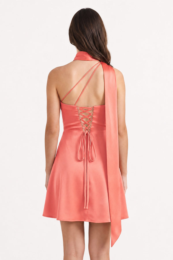 Coral Pink One-Shoulder Satin Sheath Homecoming Dress with Scarf (2) | KISSPROM