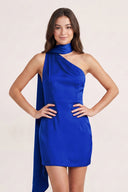 Royal Blue One-Shoulder Satin Sheath Homecoming Dress with Scarf | KISSPROM