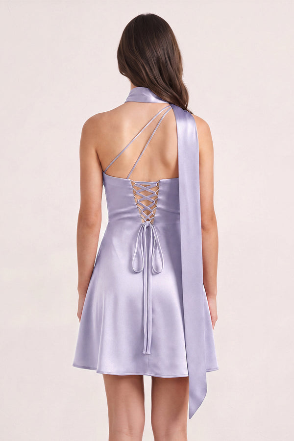 Lavender One-Shoulder Satin Sheath Homecoming Dress with Scarf (2) | KISSPROM
