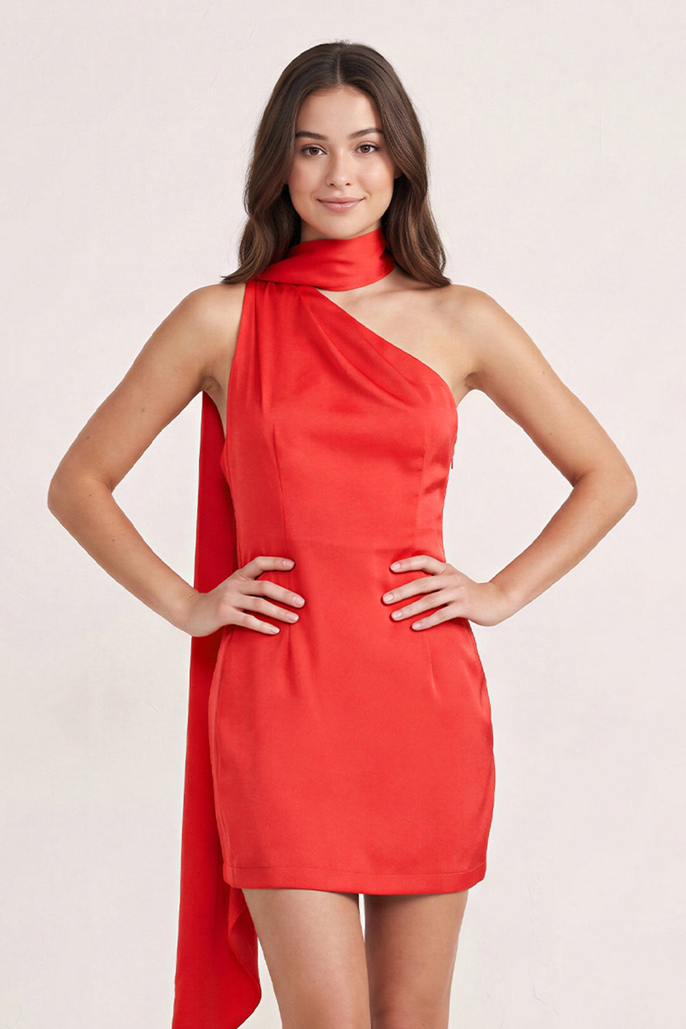 Red One-Shoulder Satin Sheath Homecoming Dress with Scarf | KISSPROM