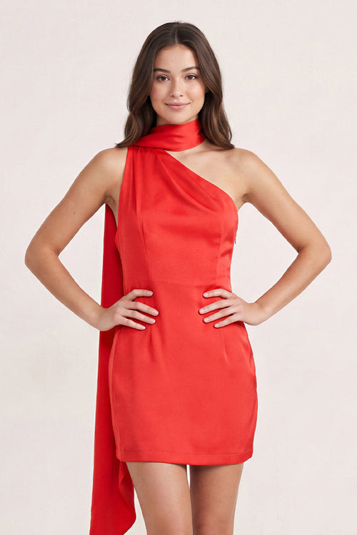Red One-Shoulder Satin Sheath Homecoming Dress with Scarf | KISSPROM