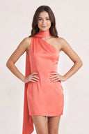 Coral Pink One-Shoulder Satin Sheath Homecoming Dress with Scarf | KISSPROM