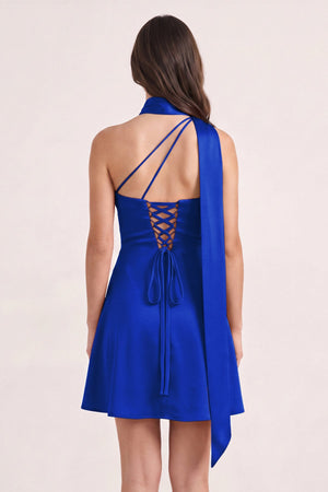 Royal Blue One-Shoulder Satin Sheath Homecoming Dress with Scarf (2) | KISSPROM