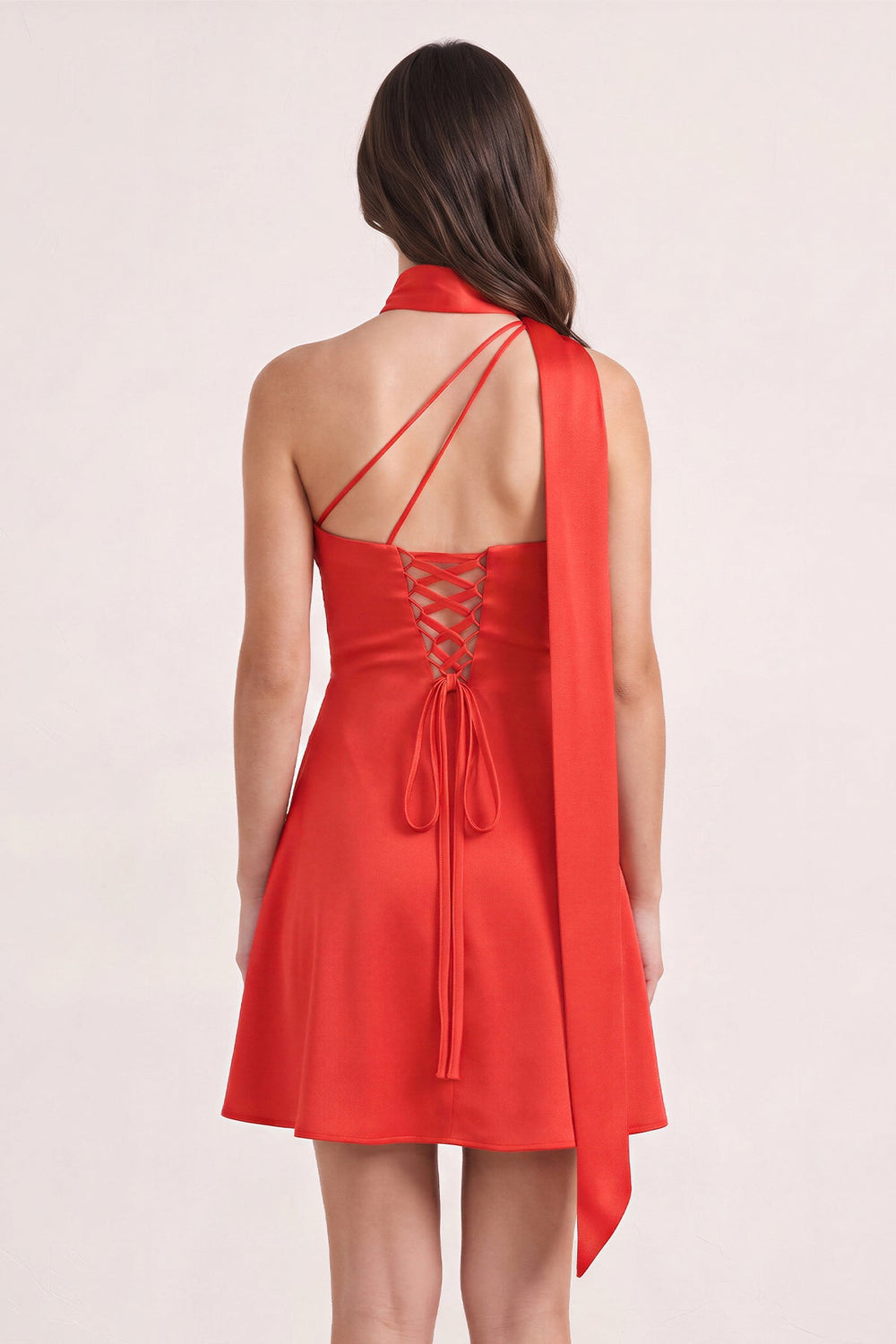 Red One-Shoulder Satin Sheath Homecoming Dress with Scarf | KISSPROM