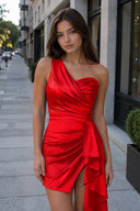 Red One Shoulder Spandex Pleated Homecoming Dresses With Slit | KISSPROM