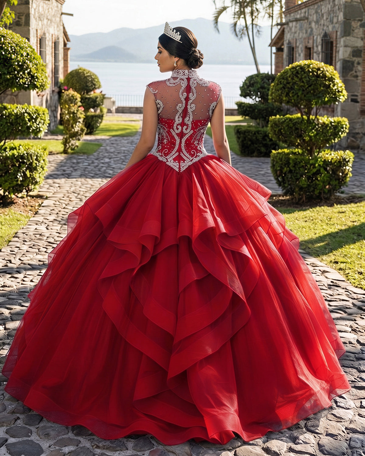 KissProm Royal Blue Organza High Neck Quinceanera Dresses Burgundy Prom Dresses, Red / 16