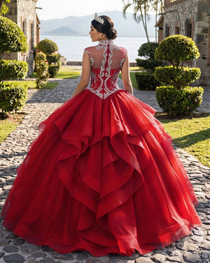 Red Organza High Neck Quinceanera Dresses Burgundy Prom Dresses (2) | KISSPROM