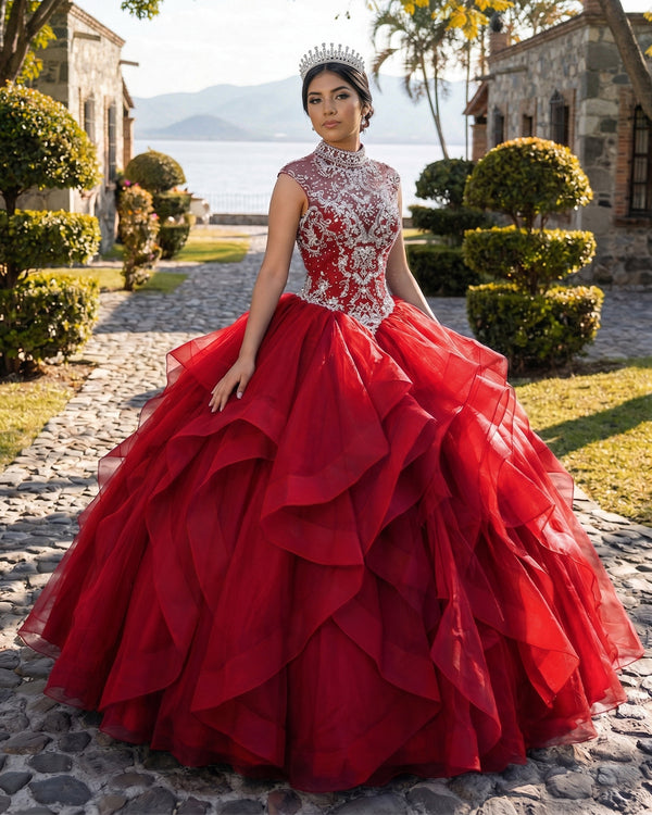 Red Organza High Neck Quinceanera Dresses Burgundy Prom Dresses | KISSPROM