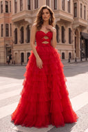 Polka Dot Strapless Ruffle Tiered Prom Gown with Keyholes – Prom Dress by KissProm | Available at KissProm