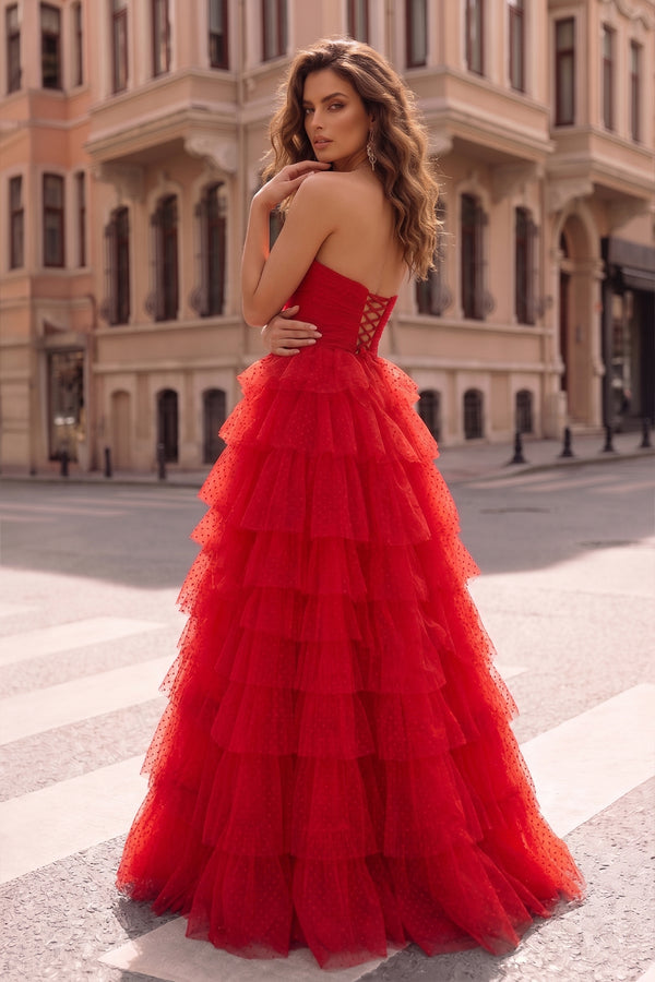Polka Dot Strapless Ruffle Tiered Prom Gown with Keyholes – Prom Dress by KissProm | Available at KissProm