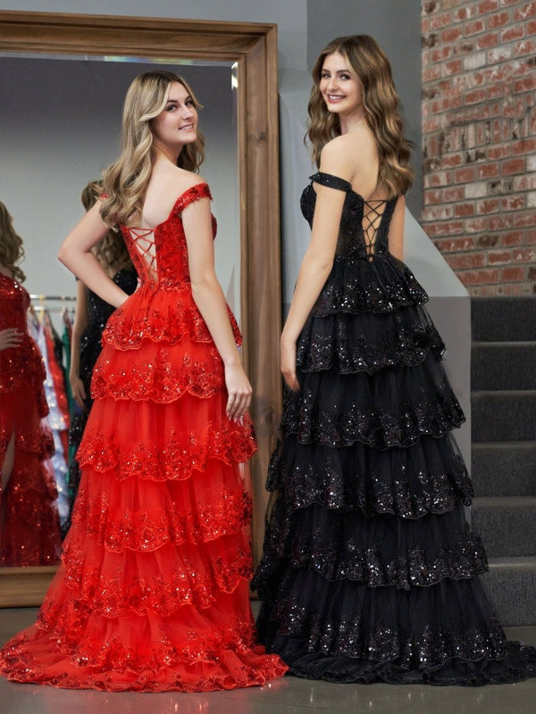 Red Princess A Line Off the Shoulder Corset Prom Dress with Lace Ruffl