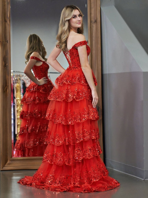 Red Princess A Line Off the Shoulder Corset Prom Dress with Lace Ruffl
