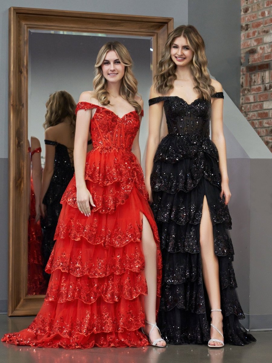 Red Off-the-Shoulder 3D Rosette Corset Bodice Satin Prom Dress with Slit main image 1