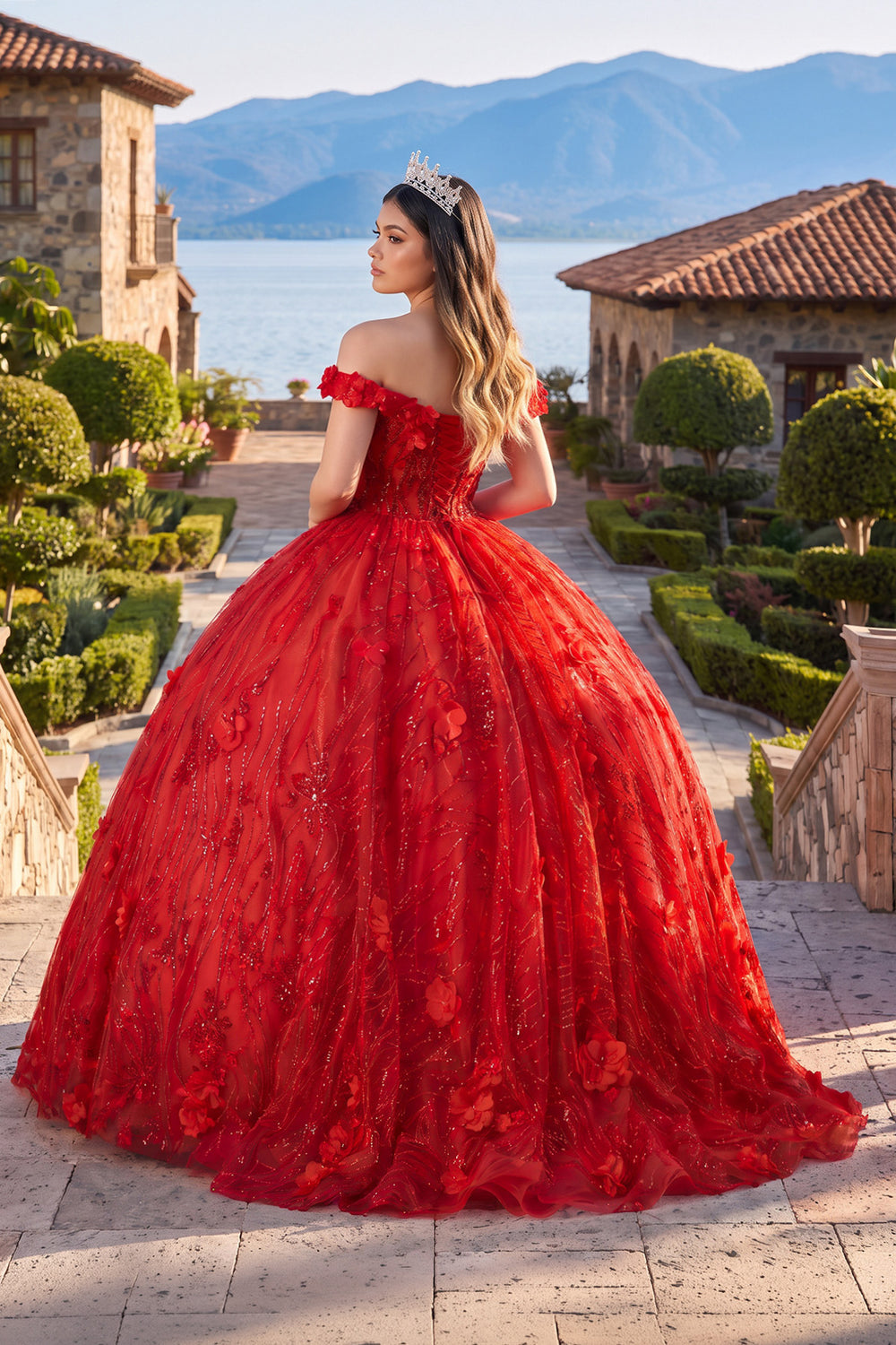 Red Quinceanera Dress Ball Gown Sequined Flowers - KissProm