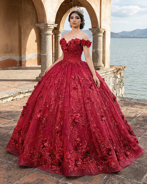 KissProm- Red Quinceanera Dress Ball Gown Sequined Flowers