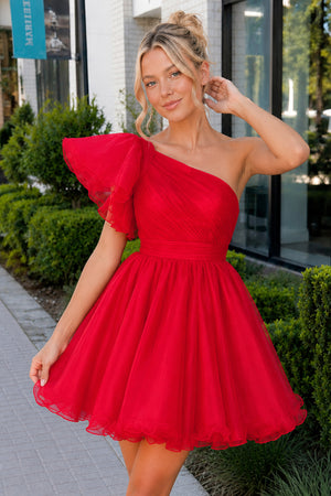 Rose | Ivory A - line One Shoulder Organza Ruffled Homecoming Dress - KissProm