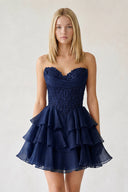 Navy Blue Ruffled A-Line Chiffon Sweetheart Corset Homecoming Dress With Beading - KISSPROM