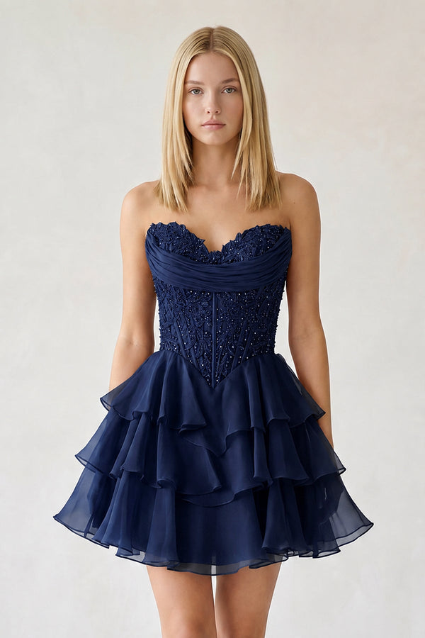 Navy Blue Ruffled A-Line Chiffon Sweetheart Corset Homecoming Dress With Beading - KISSPROM