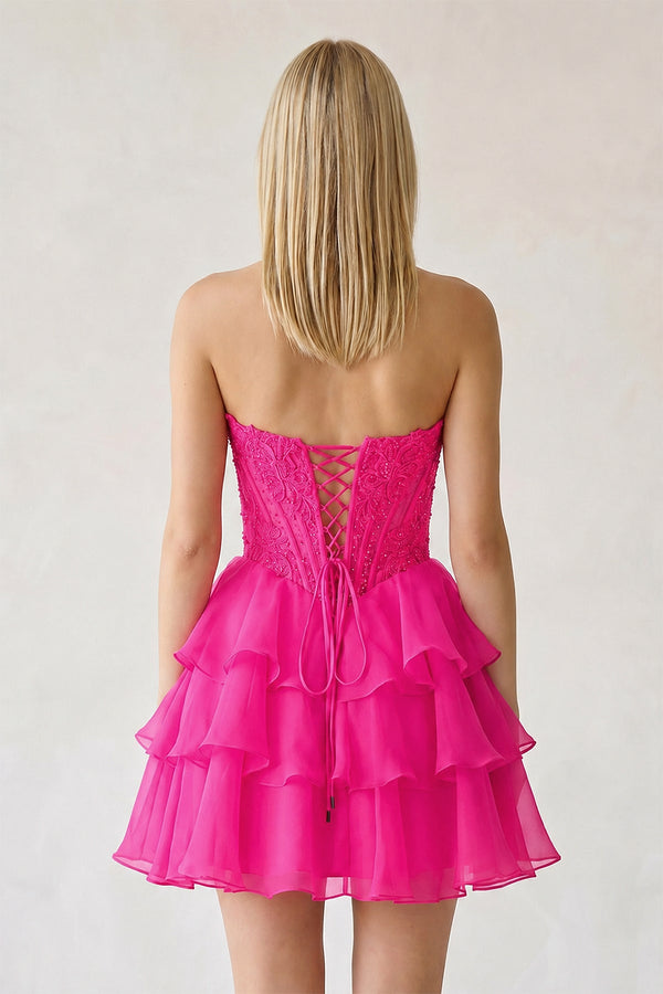 Fuchsia Ruffled A-Line Chiffon Sweetheart Corset Homecoming Dress With Beading - KISSPROM