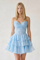 Sky Blue Ruffled A-Line Chiffon Sweetheart Corset Homecoming Dress With Beading - KISSPROM