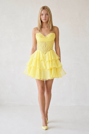 Yellow Ruffled A-Line Chiffon Sweetheart Corset Homecoming Dress With Beading - KISSPROM