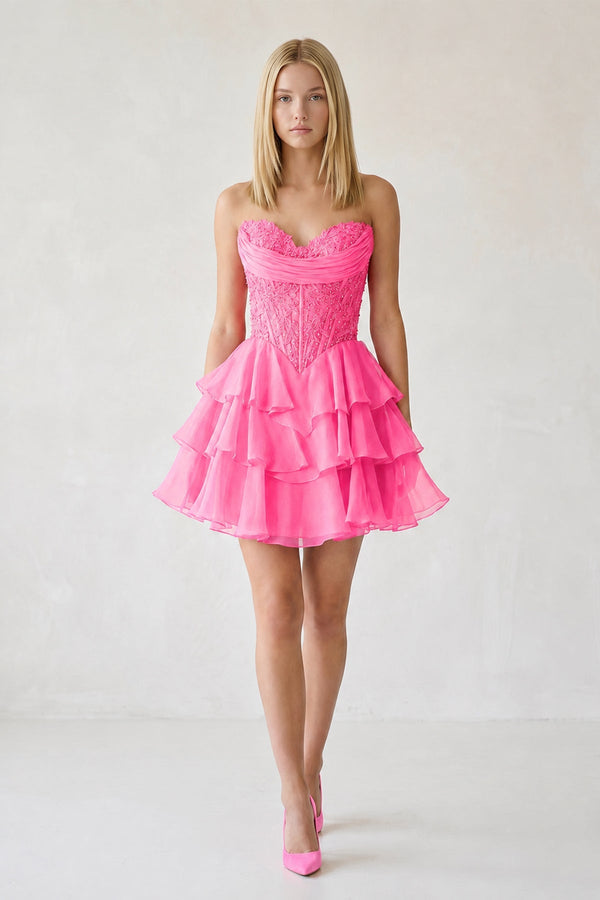 Hot Pink Ruffled A-Line Chiffon Sweetheart Corset Homecoming Dress With Beading - KISSPROM