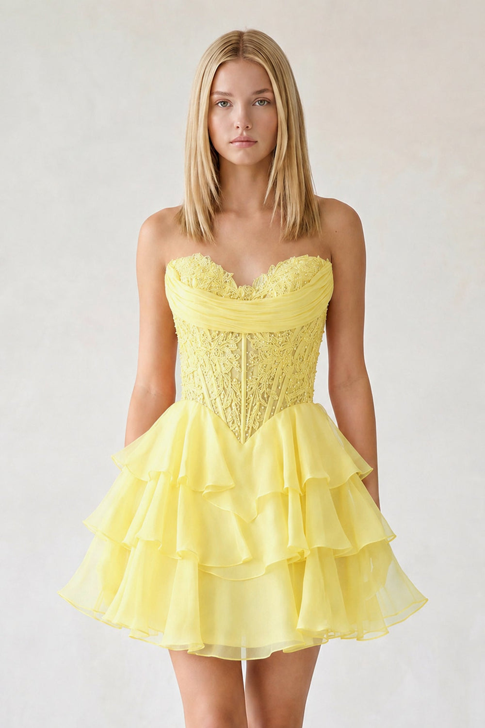 Yellow Ruffled A-Line Chiffon Sweetheart Corset Homecoming Dress With Beading - KISSPROM