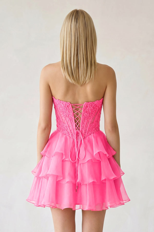 Hot Pink Ruffled A-Line Chiffon Sweetheart Corset Homecoming Dress With Beading - KISSPROM