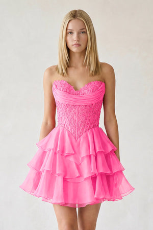 Hot Pink Ruffled A-Line Chiffon Sweetheart Corset Homecoming Dress With Beading - KISSPROM