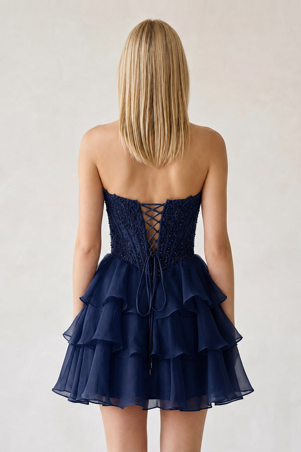 Navy Blue Ruffled A-Line Chiffon Sweetheart Corset Homecoming Dress With Beading - KISSPROM
