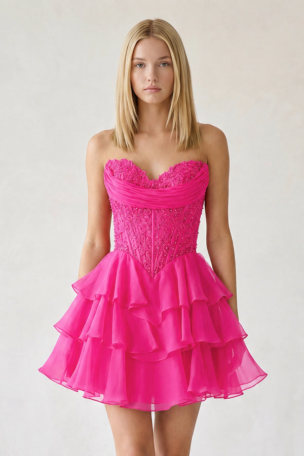 Fuchsia Ruffled A-Line Chiffon Sweetheart Corset Homecoming Dress With Beading - KISSPROM