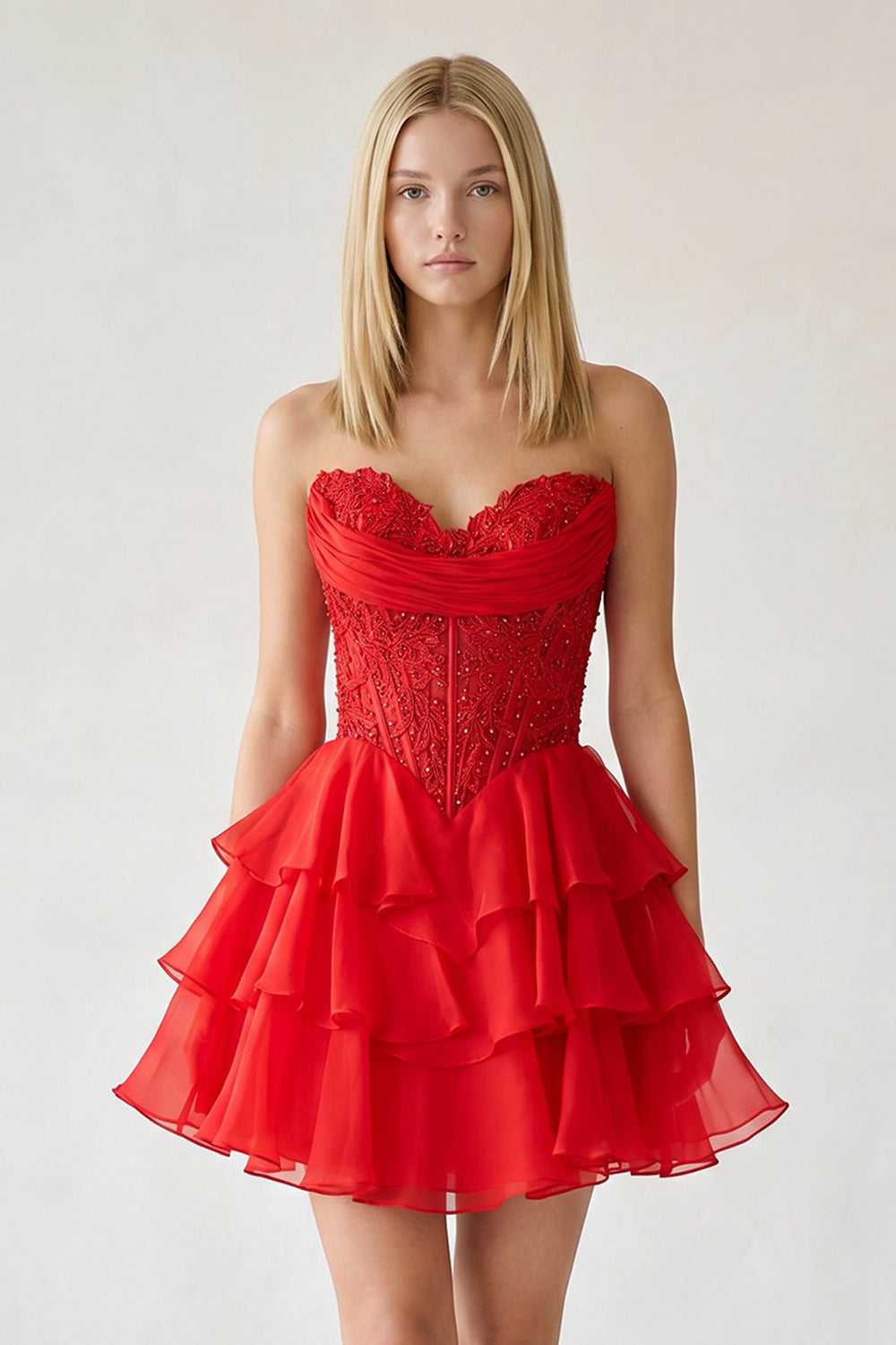 Red Ruffled A-Line Chiffon Sweetheart Corset Homecoming Dress With Beading