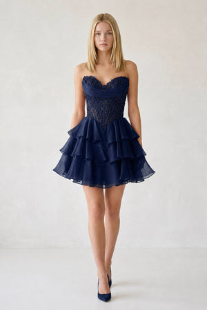 Navy Blue Ruffled A-Line Chiffon Sweetheart Corset Homecoming Dress With Beading - KISSPROM