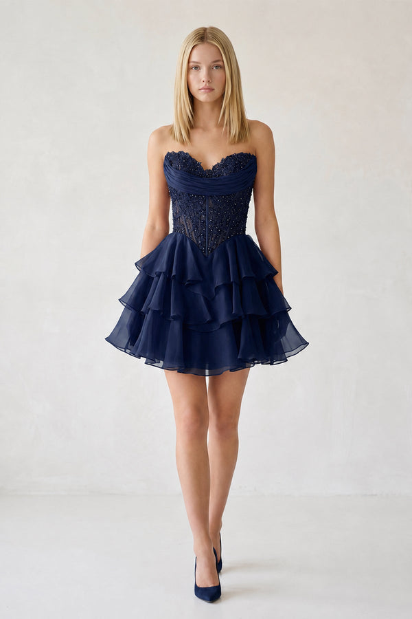 Navy Blue Ruffled A-Line Chiffon Sweetheart Corset Homecoming Dress With Beading - KISSPROM