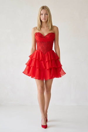 Red Ruffled A-Line Chiffon Sweetheart Corset Homecoming Dress With Beading
