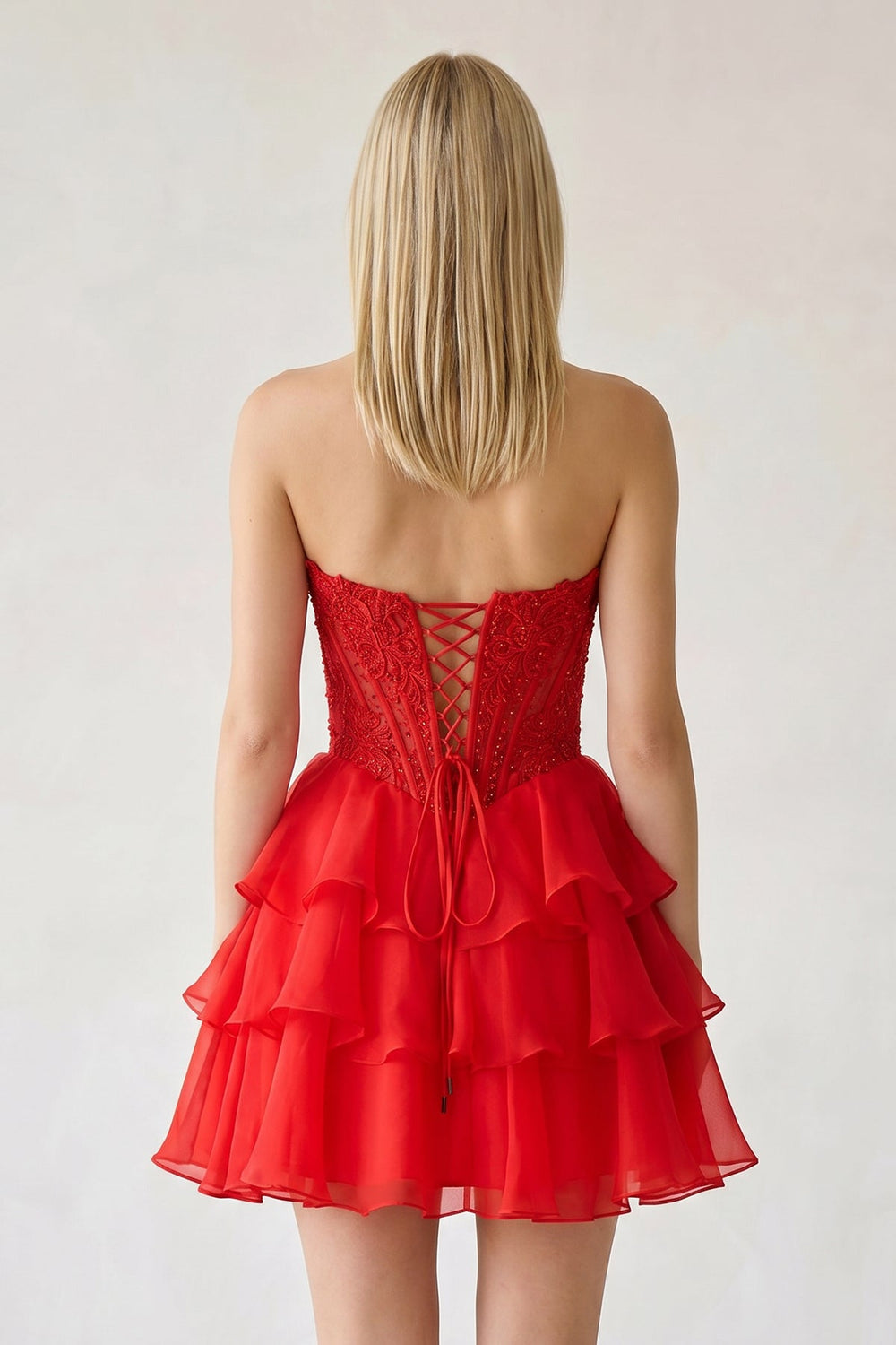 Red Ruffled A-Line Chiffon Sweetheart Corset Homecoming Dress With Beading