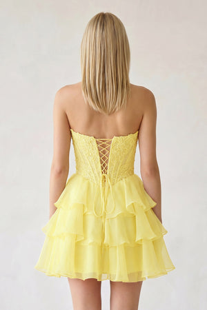 Yellow Ruffled A-Line Chiffon Sweetheart Corset Homecoming Dress With Beading - KISSPROM
