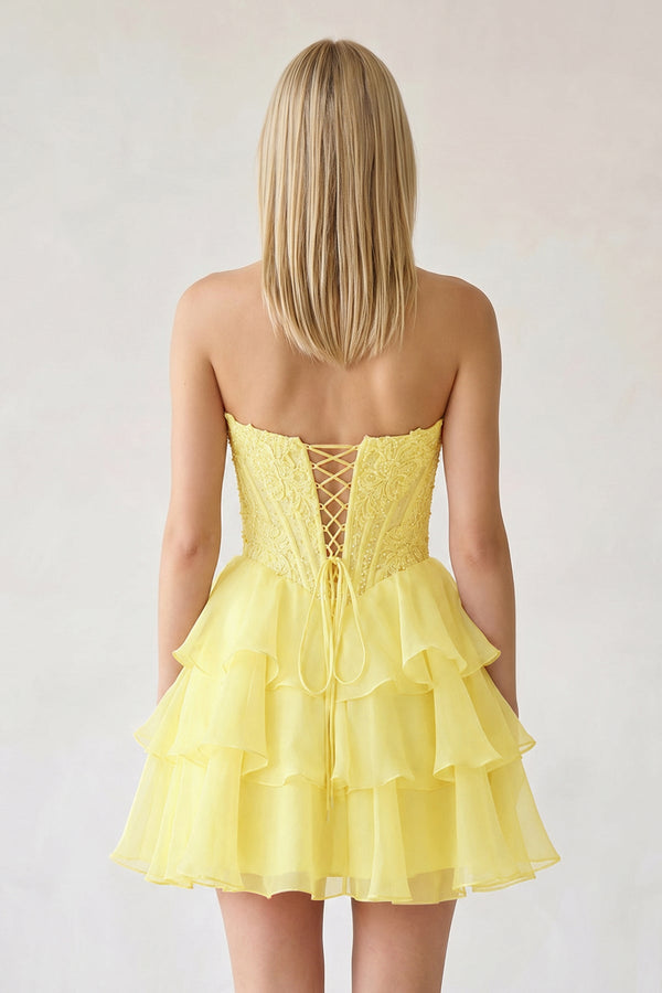 Yellow Ruffled A-Line Chiffon Sweetheart Corset Homecoming Dress With Beading - KISSPROM