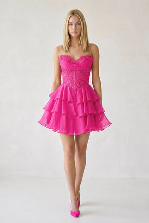 Fuchsia Ruffled A-Line Chiffon Sweetheart Corset Homecoming Dress With Beading - KISSPROM