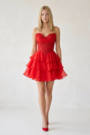 Red Ruffled A-Line Chiffon Sweetheart Corset Homecoming Dress With Beading