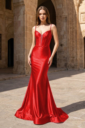Red Satin Mermaid V-Neck Long Formal Dress | KISSPROM