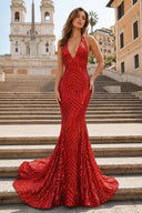 Red Sequins Mermaid Deep V Neck Long Party Dress | KISSPROM