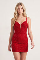 Red Sexy Fitted V-Neck Spaghetti Straps Fully Beaded Homecoming Dress | KISSPROM